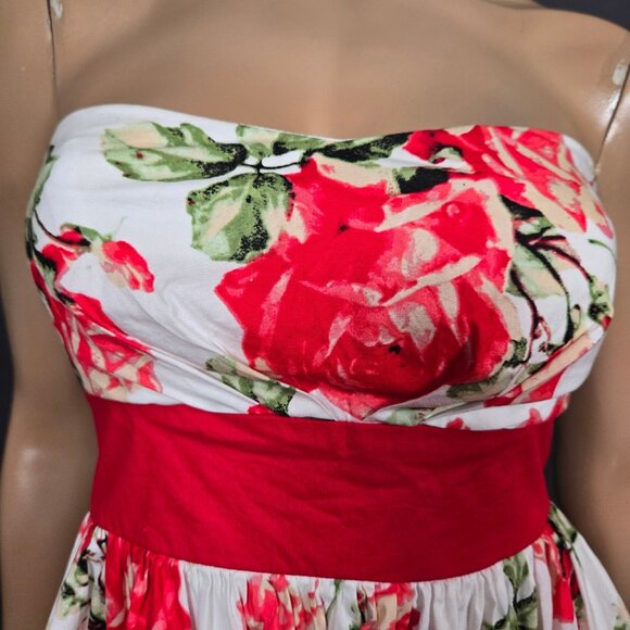 Y2K Trixxi Strapless Mini Dress Size 5 Red White Floral Rose Print Fit Flare - Picture 2 of 10